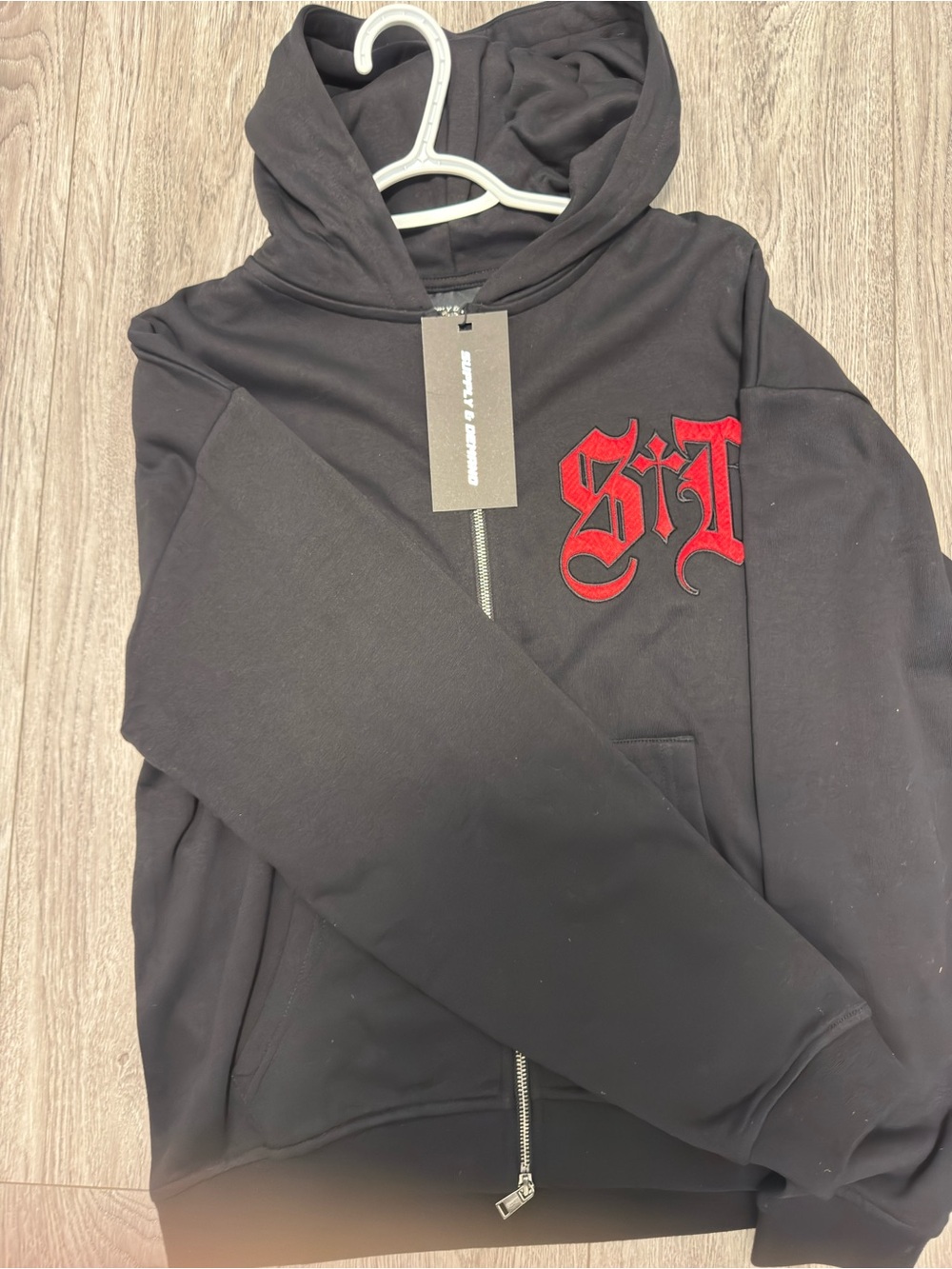 Black Hooded Zip Sweater with Red Embroidered Logo